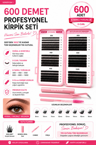 lion cosmetics 600 Adet Takma Kirpik Küme Seti Yapıştırıcı Cımbız ve Fırça 30...