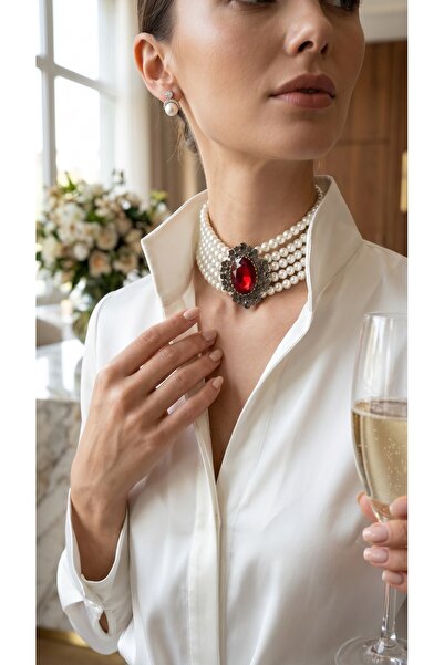 FAYRA ACCESSORIES Kristal Taşlı Chooker Tasma İnci Kolye