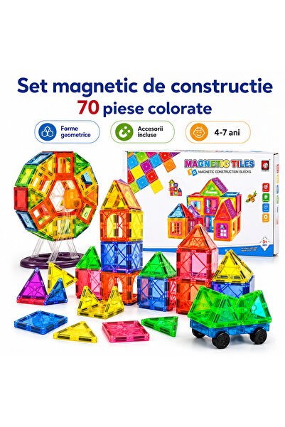 iTin Set constructie magnetic 70 piese colorate, joc educativ creativ si dezv...
