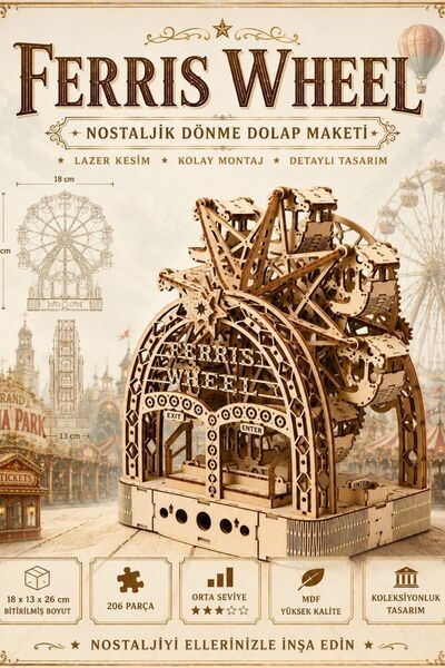 ALGWOOD 3D Ahşap Dönme Dolap Maketi - Nostaljik Luna Park Serisi 206 Parça La...