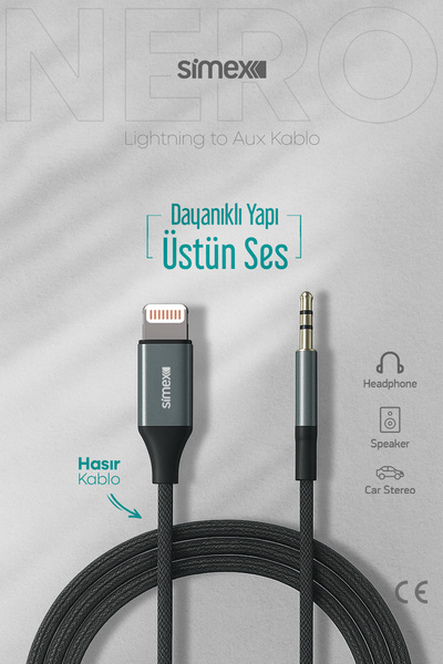 Simex Iphone 7 8 X 11 12 13 Pro Max Uyumlu Lightning 3.5mm Çevirici Örgülü Aux Ses Kablosu Stereo Destekli