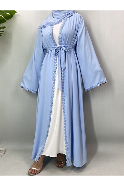 Noon Noora Chiffon Lace Trim Open Abaya Sets with Belt and Pockets-Open Abaya...