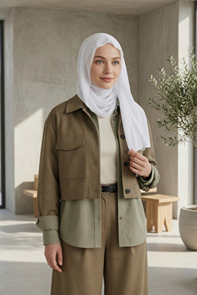 Aisha's Design Arkadan Bağlanan Penye İç Boneli Pratik Şifon Şal,Beyaz,PS-51