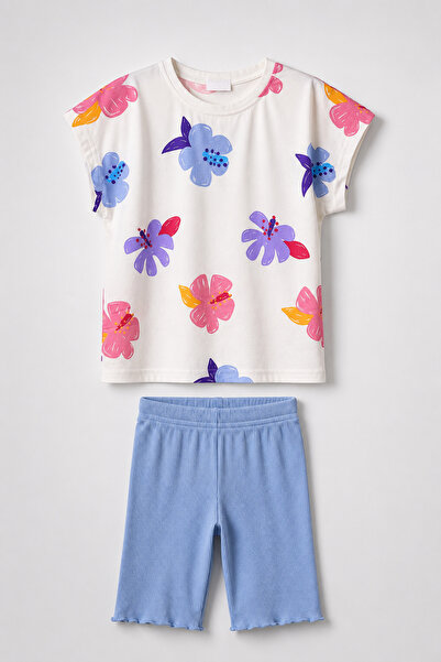 Pufiko Kids Flower Printed Ice Blue Leggings Girl's Set