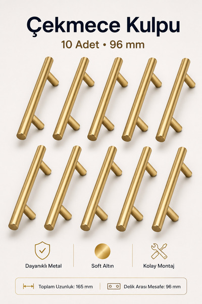 NZB (10 Adet) Soft Altın Metal Mobilya Mutfak Dolap Çekmece Dolabı Kulbu Kulp...