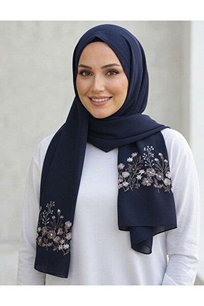 Veil Designer طرحة بوال كحلي بقماش ياباني بتطريز ملون ورد و اغصان من الطرفين ...