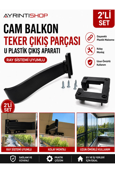 AYRINTISHOP Cam Balkon Teker Çıkış Parçası Siyah U Plastik Çıkış Aparatı Ray ...