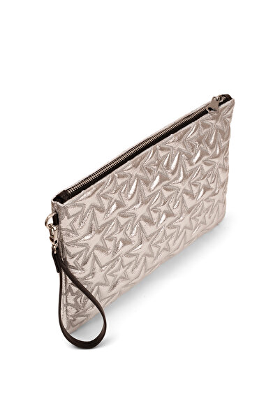 Ecrou Yıldız Desenli Soft Gümüş Parlak Portföy & Clutch Çanta Çıkarılabilir Bileklik Askılı 30 x 19