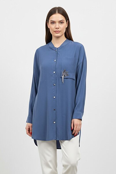 Puane Kadın Düğmeli Broş Detaylı Uzun Tunik -10763 - INDIGO