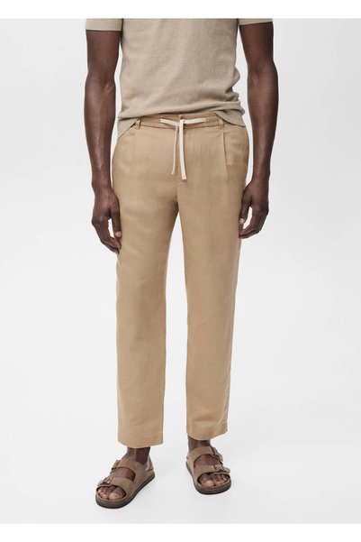 MANGO Man Slim fit keten beli büzgülü ipli pantolon