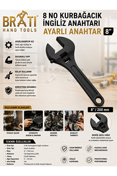 BRATİ HAND TOOLS مفتاح ربط إنجليزي قابل للتعديل مقاس 8 بوصات