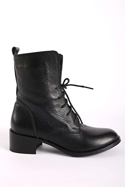 Hayati Arman Women's Genuine Leather Lace-Up Zipper Detailed Thick Heeled Boo...