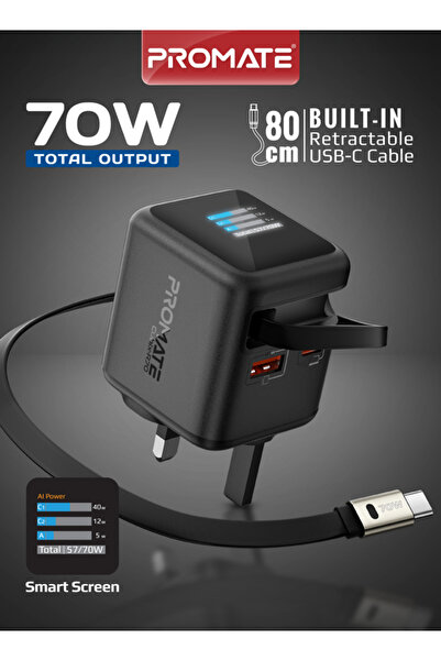 Promate شاحن حائط GaNFast بقوة 70 واط مع كابل USB-C قابل للسحب بطول 80 سم، من...