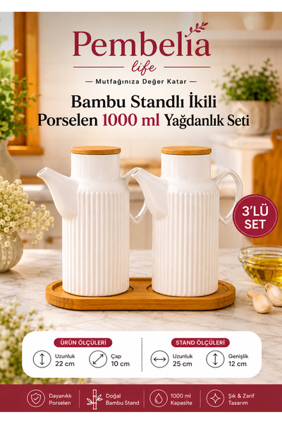 Pembelia Life Bambu Standlı 2’li 1000 ml Prizma Porselen Ayçiçek Yağı Zeytin ...