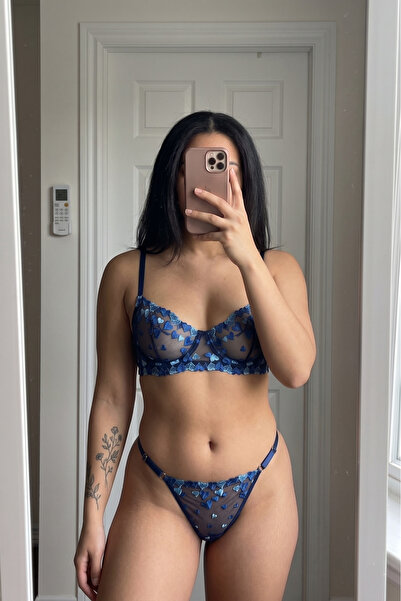 FNC design Romantik Kalp Desenli Lacivert Brode Bralet ve String Takım