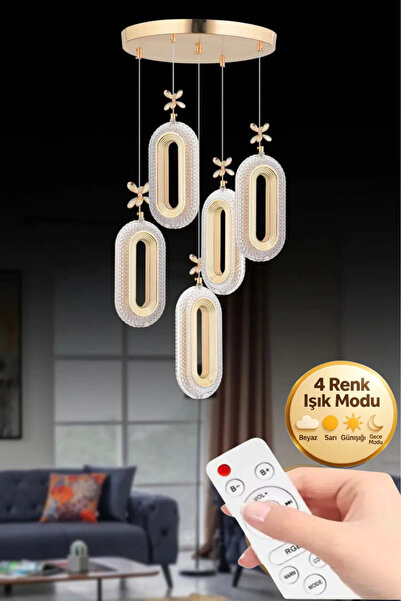 Lumia Lighting Eclipse Model 5'li Kumandalı Gold 3 Renk Ledli Kristal Taşlı M...