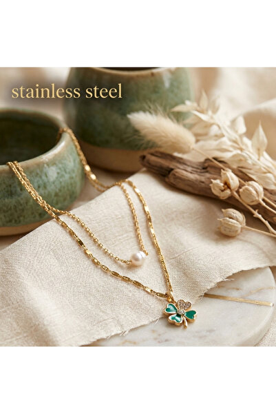 stainless steell قلادة ذهبية اللون مزدوجة من الفولاذ المقاوم للصدأ مع شكل ورق...