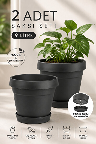 ToXA 2'li Mono Saksı Seti 9 Litre (29cm) Drenaj Delikli ve Tabaklı Set