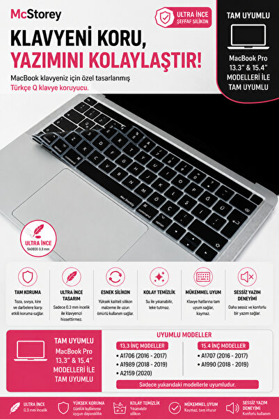 Mcstorey MacBook Pro Touch Bar Türkçe Q Silikon Klavye Koruyucu Ters L Enter ...