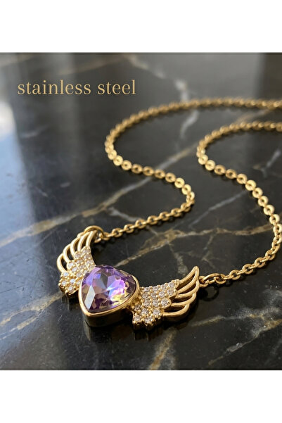 stainless steell Gold Color Chain Shiny Heart Wing Motif Steel Necklace