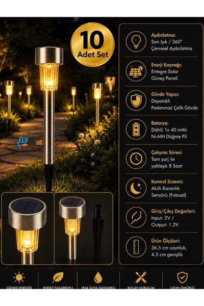 FLYONLOOK 10’lu Solar Bahçe Lambası Beyaz Işık Paslanmaz Çelik Gövde 360° Ayd...