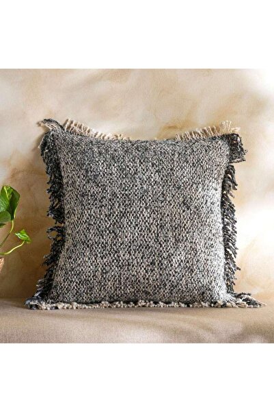 PAN HOME Cozy Linen Textured Down Feel Fringed Filled Cushion 50x50cm -navy