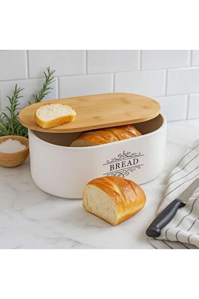PAN HOME Kevi Bread Bin With Wooden Lid 29.5x19x12.5cm - White