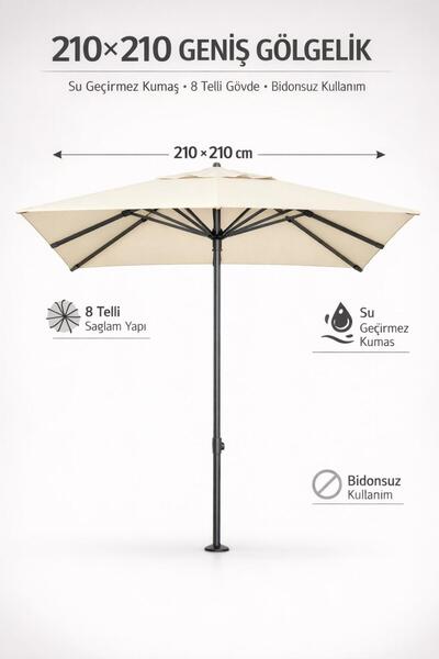 Düvenci Alubrella Güneş Şemsiyesi Kare, 210 CM, Krem Rengi Su Geçirmez Kumaş,...