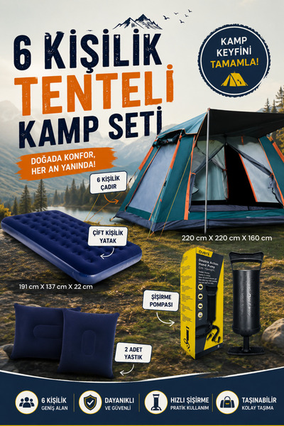 post alley 6 Kişilik Tam Otomatik Tenteli Kamp Çadırı + Çift Kişilik Şişme Ya...