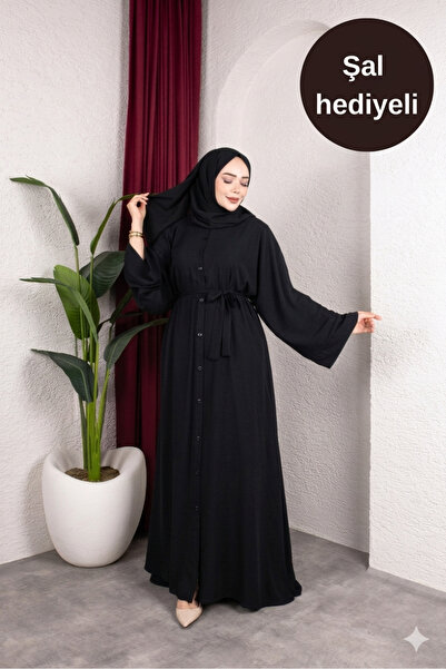 mayar officiall Siyah Yazlık Şifon Arkası Pileli Şal Hediyeli Abaya-Ferace