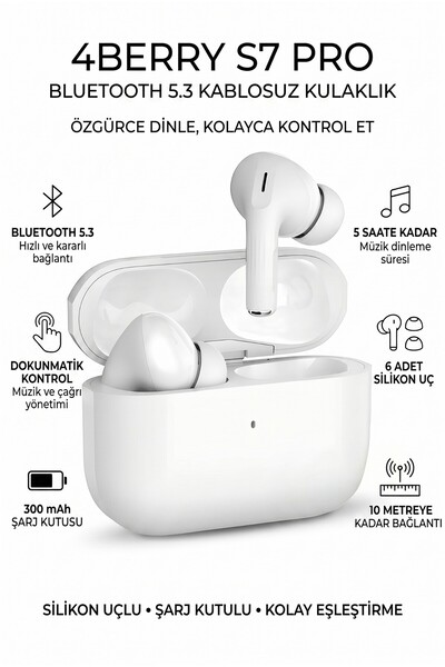 4 Berry S7 Pro Kablosuz Kulaklık – Bluetooth 5.0, Şarj Kutulu, Yüksek Ses Kal...