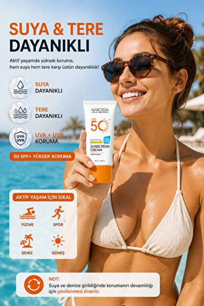 Narcissa Yüksek Koruyucu, Leke Karşıtı Yüz Güneş Kremi 50 SPF+ Waterproof UVA + UVB 50 ML