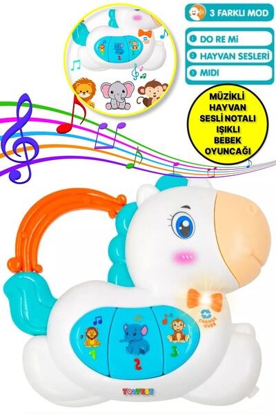TOYFEST Hayvan Sesleri Çıkaran Tuşlu Işıklı Notalı Ninnili Müzikli AT İnterak...