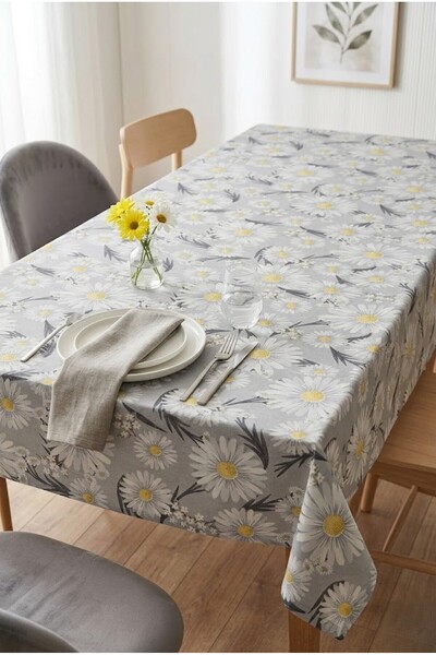 Rona Home Gray Daisy Patterned Digital Print Tablecloth Stain Resistant Quali...