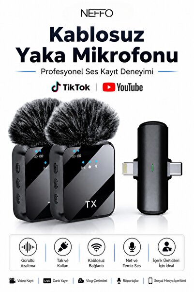 NEFFO 2 Mikrofonlu Kablosuz Yaka Mikrofonu | Tüylü Rüzgar Önleyici | 20 m Men...