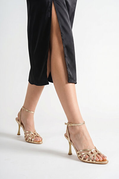 guijarro Premium Gold Metallic Striped Goblet Heel Architectural Design Night...
