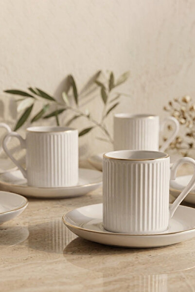 Kitchen Life 12 Parça 6 Kişilik Stackable Çizgili Altın Yaldızlı Kahve Fincan...