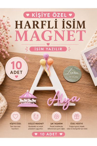 Liora3dStudio 10 ADET - Kişiye Özel Harfli İsim Magnet | Doğum günü- BabyShow...