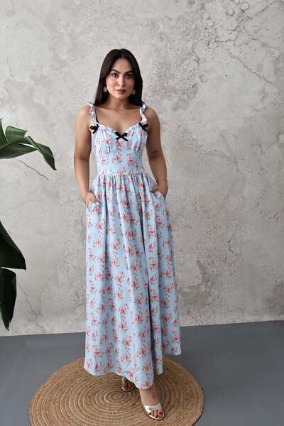 Elbee Fashion Woman فستان زهري أزرق فاتح مع فيونكة في الأمام