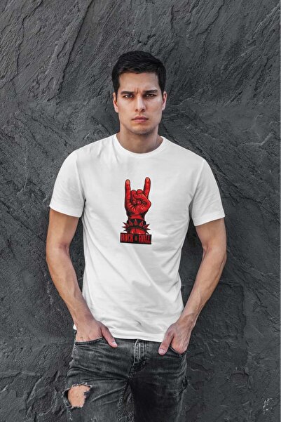 buzagi tasarım ürünleri Rock Digital Printing Regular Fit White Unisex T-Shirt