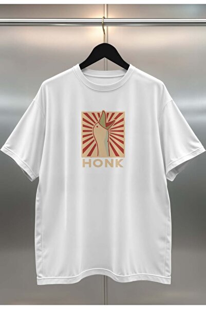 buzagi Honk Kaz Digital Print Oversize White Unisex T-Shirt