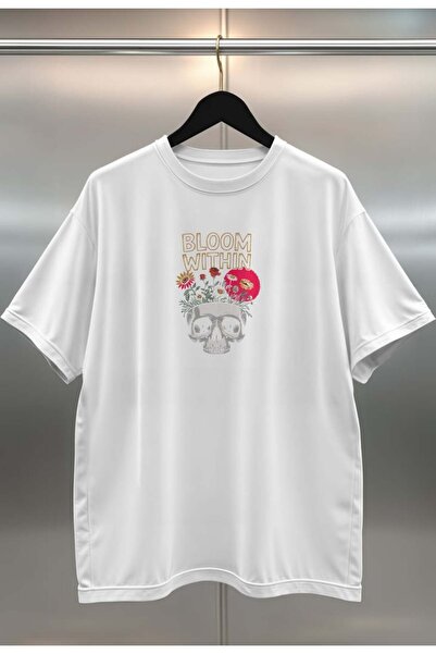 buzagi tasarım ürünleri Bloom Within Digital Print Oversize White Unisex T-Shirt