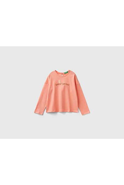 United Colors of Benetton تي شيرت بناتي بأكمام طويلة ورقبة دائرية وطبعة