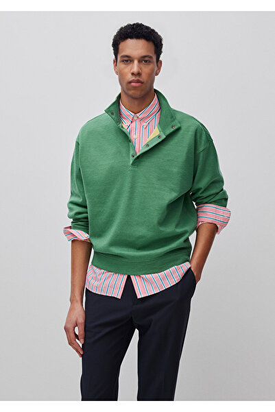 United Colors of Benetton Erkek Yeşil Yün Karışımlı Düğmeli Dik Yaka Sweatshirt