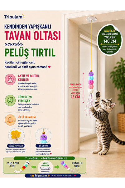 TRİPULAM Peluş Tırtıl Kendinden Yapışkanlı Kedi Oyun Tavan Oltası – Elastik, ...