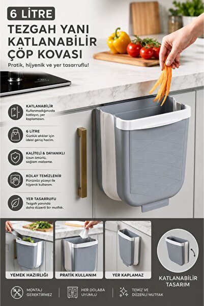 Tercih Home Coș de gunoi pliabil de bucătărie cu umeraș, 6 litri - Poate fi a...