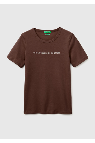 United Colors of Benetton Γυναικείο μπλουζάκι σε καφέ χρώμα, 100% βαμβακερό, ...