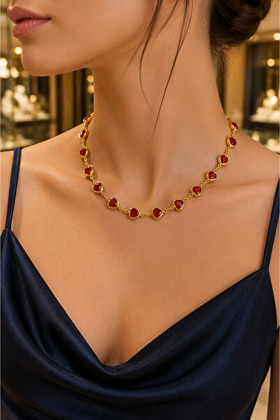 CAXBERN Gold Red Zircon Heart Choker Necklace