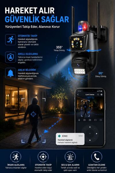 Ventus ICSee 223 6MP Dual Lens 355° Görüş Hareketli   Gece Görüş Sesli Görüşme Akıllı Kamera Çakarlı Alarm