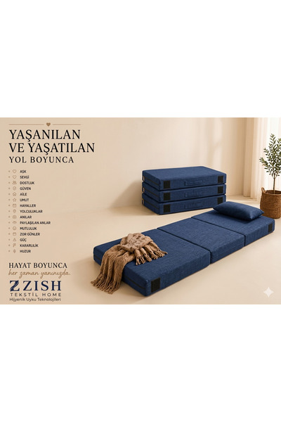 zishtekstil Mavi Katlanır Sünger Misafir Yer Yatağı ve Balkon Minderi 7cm